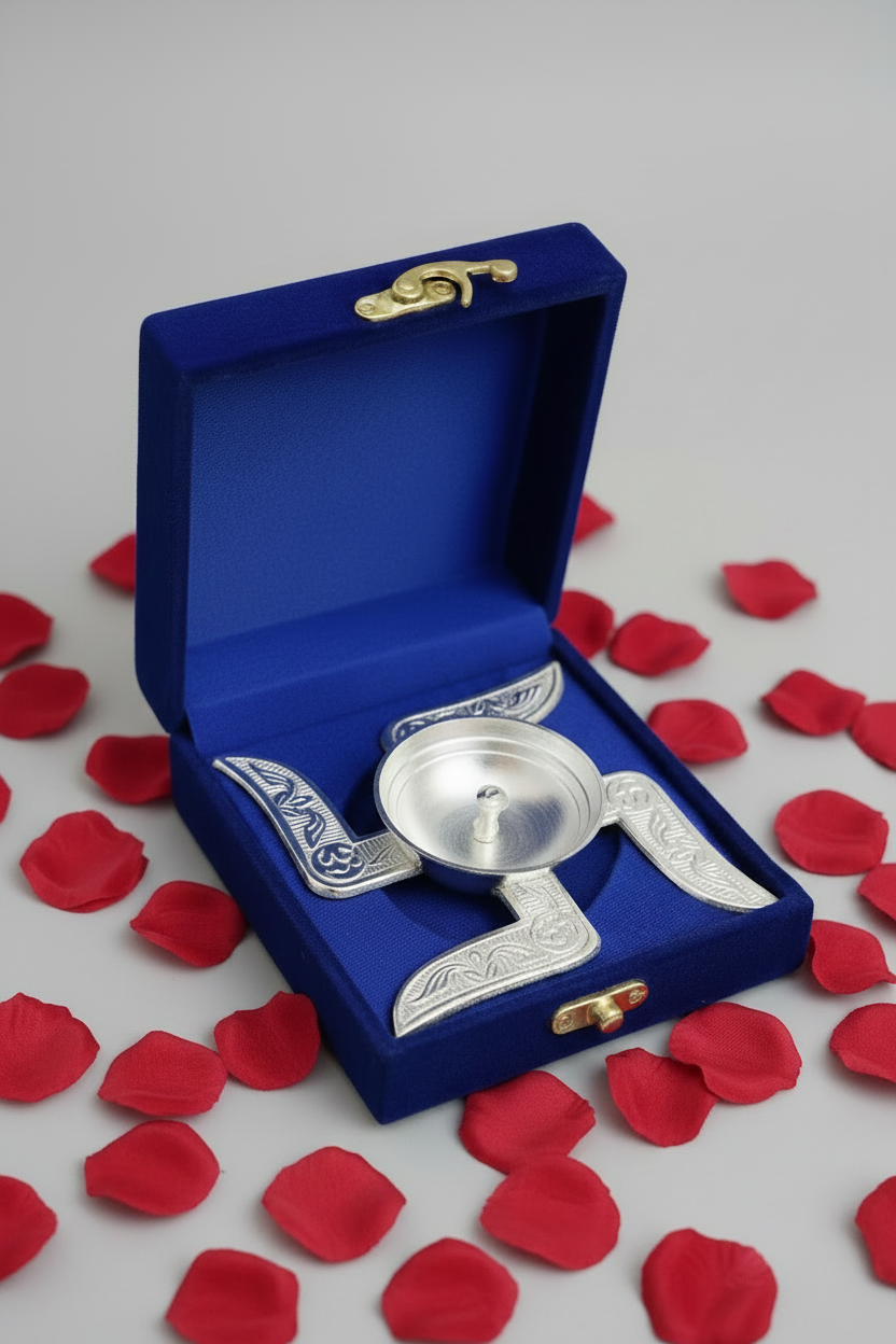 Silver Swastik Diya with Velvet Gift Box | Festive Gift Pack of 6