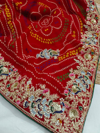 Traditional Handwork Chunri Pilla – Bandhani Georgette Saree with Heavy Embroidery Border