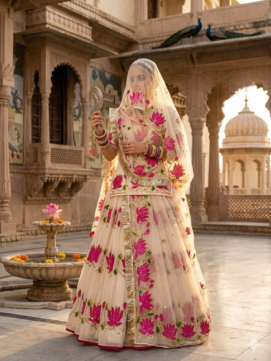 Rajputana Style Lotus Poshak | Natural Silk Handwork Designer Lehenga with Heavy Odhna