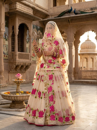 Rajputana Style Lotus Poshak | Natural Silk Handwork Designer Lehenga with Heavy Odhna