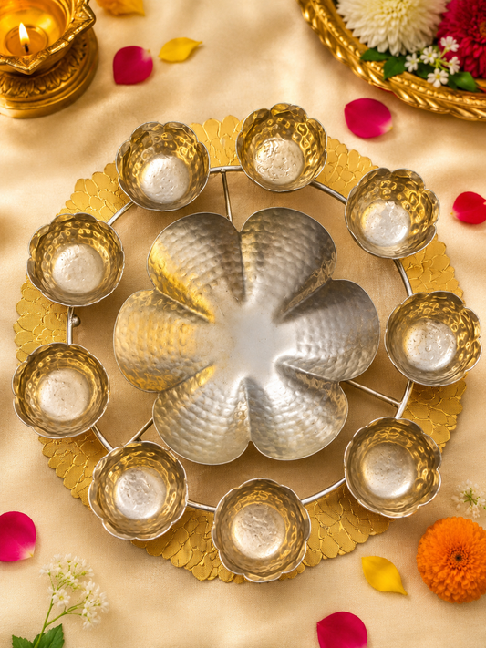 Handcrafted Flower Shape 9 Bowl Puja Diya Set for Festivals & Home Temple