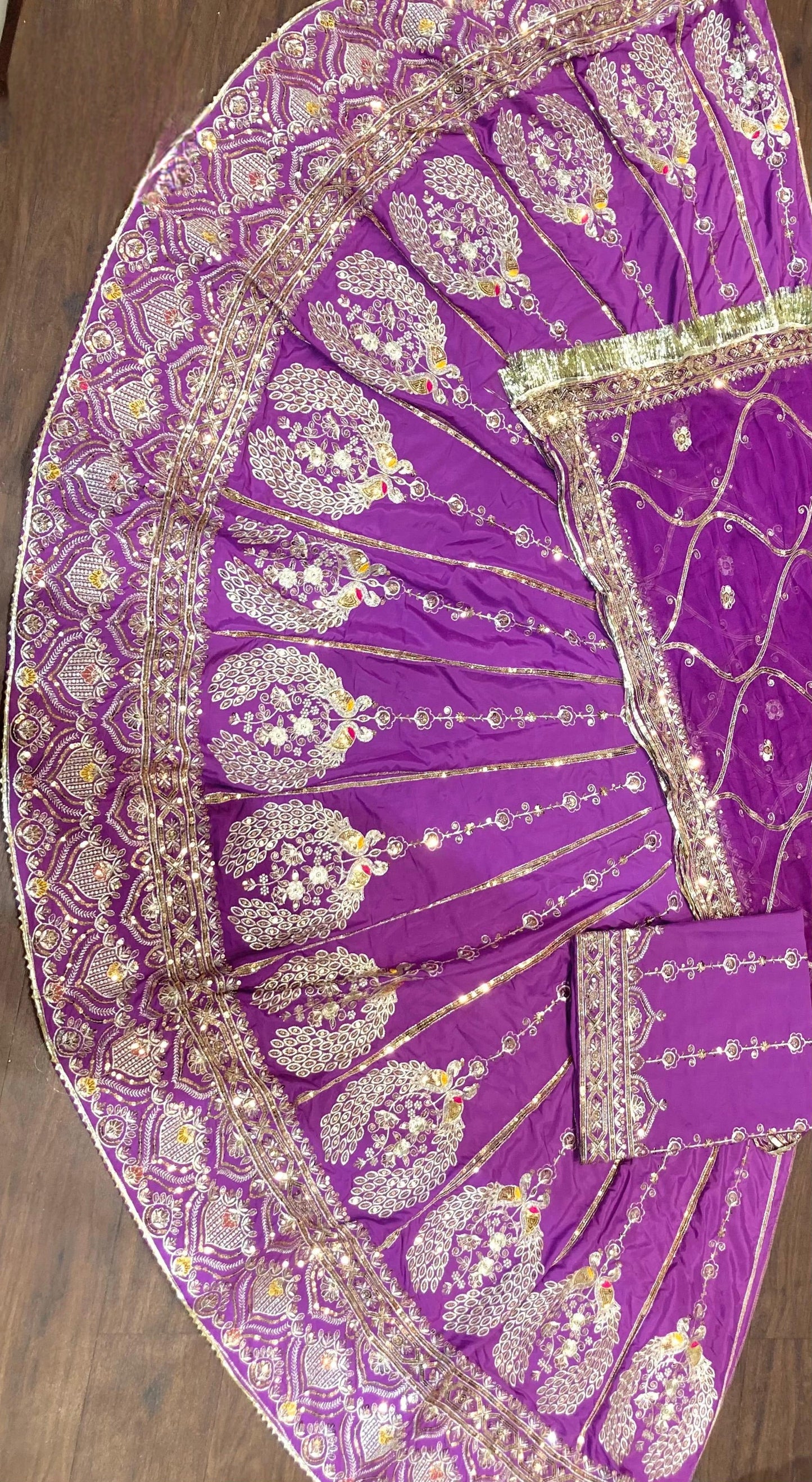 Designer 3.5 Mtr Gher Rajasthani Poshak in Crepe Silk | Heavy Zari, Kasab & Sequence Work | Unstitched Lehenga Kurti Odhani Set
