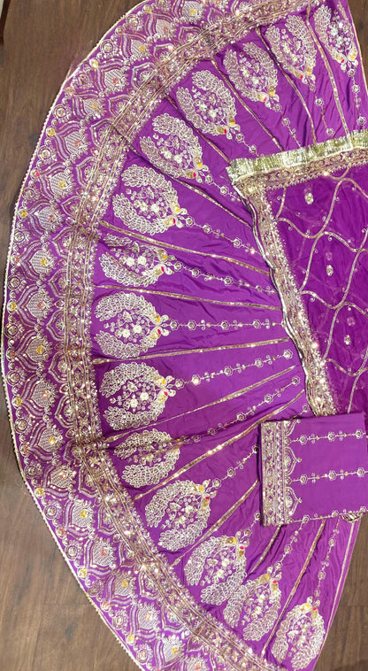 Designer 3.5 Mtr Gher Rajasthani Poshak in Crepe Silk | Heavy Zari, Kasab & Sequence Work | Unstitched Lehenga Kurti Odhani Set