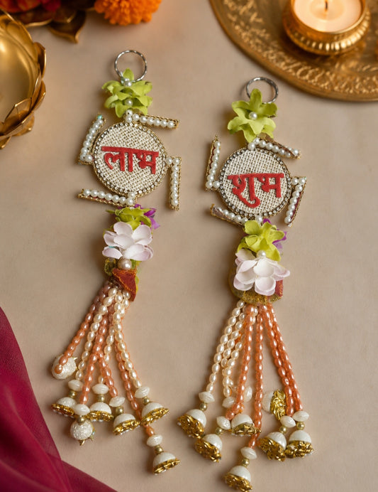 Handcrafted Shubh Labh Door Hanging with Pearl Tassels |  Festive & Puja Decor size 14*inch
