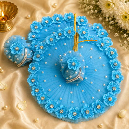 Handcrafted Sky Blue Floral Pearl Laddu Gopal Poshak with Mukut | Designer Krishna Dress