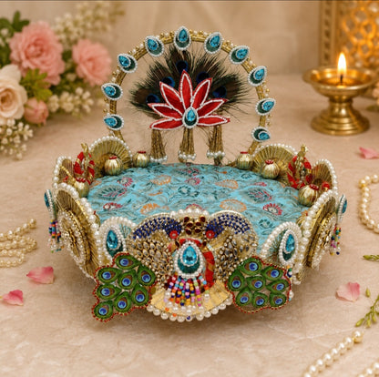 Traditional Handcrafted Festival Singhasan for Laddu Gopal & Ganpati | 10 Inch Wooden Throne with 2 Cushions & Tilak Stick