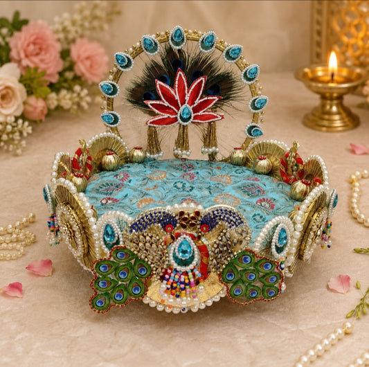 Traditional Handcrafted Festival Singhasan for Laddu Gopal & Ganpati | 10 Inch Wooden Throne with 2 Cushions & Tilak Stick