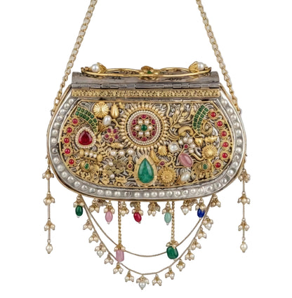 Royal Brass Antique Silver & Gold Double-Tone Clutch Bag with Meena & Pachi Kundan Work | Bridal Wedding Potli Purse
