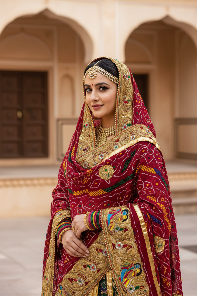 Luxury Marwadi Bandhej Chunri Pomcha with Zardozi Work | Kolkata Handcrafted Georgette Odhna