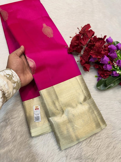 Rani pink Kanchipuram pure silk saree with Big contrast Border silk mark certified