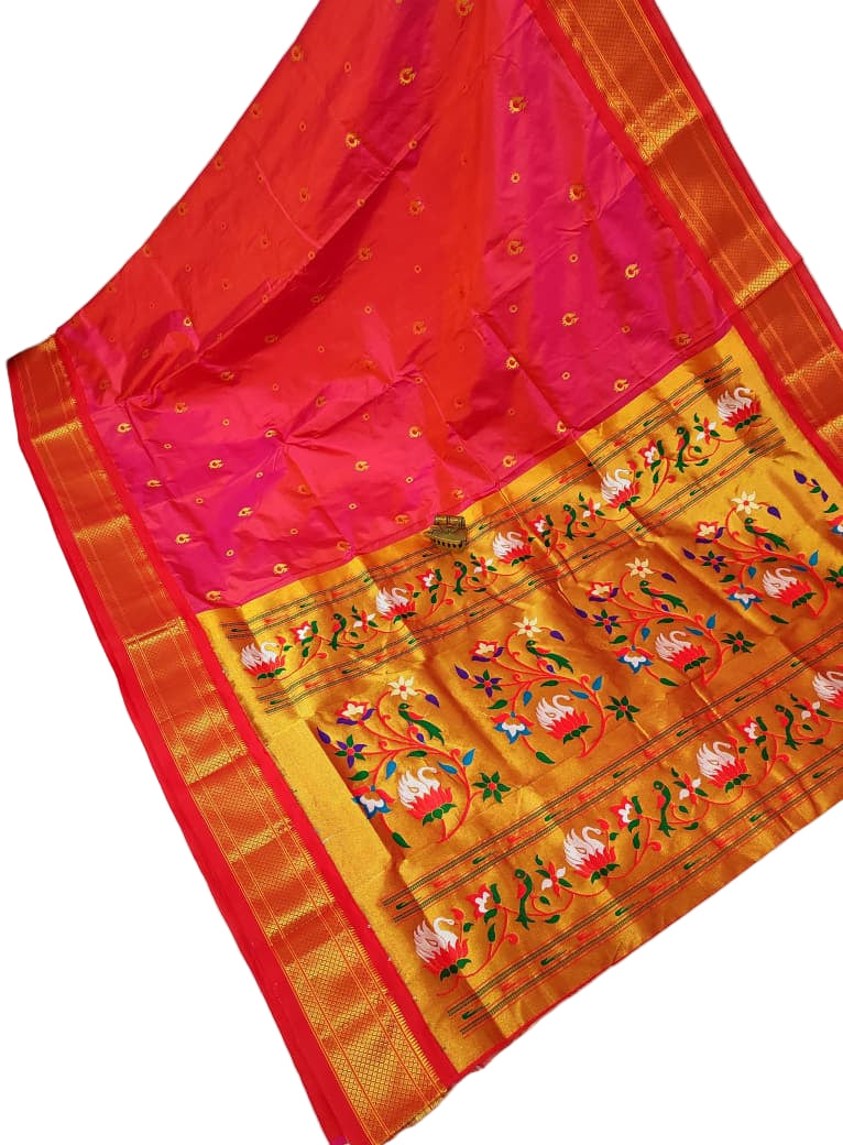 Majestic Karnful Peacock Kadiyal Pure Silk Paithani Saree | Luxury Designer Paithani