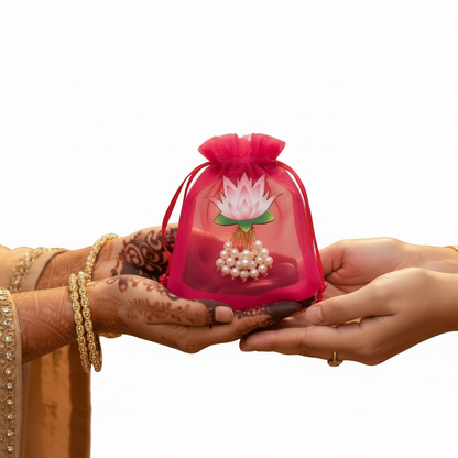 Premium Organza Coin Potli with Lotus Pearl Latkan – Pack of 20 Wedding Favor Bags