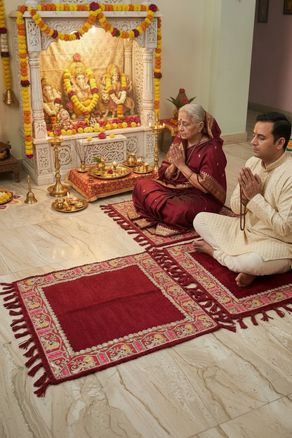 Royal Handwoven Designer Puja Mat Aasan for Mandir & Rituals | Red Yellow Prayer Mat