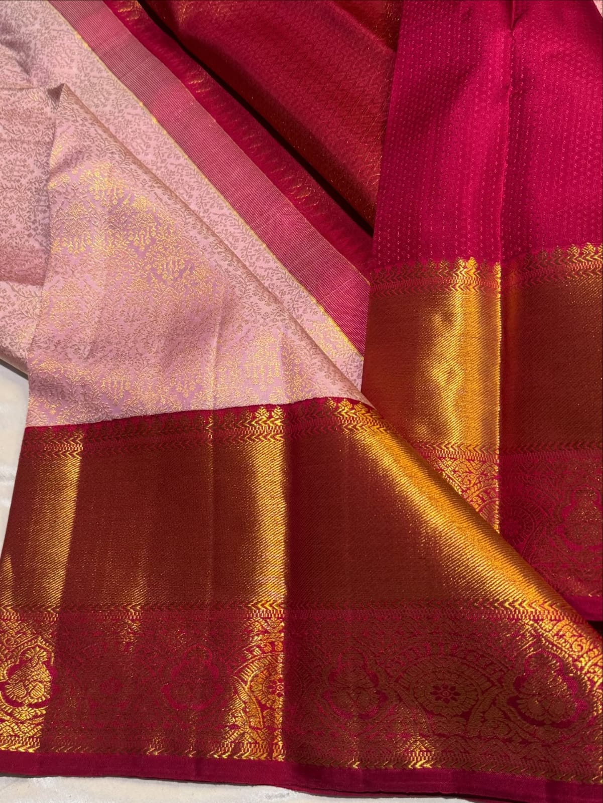 Royal Baby Pink Rani Golden Zari Kanjivaram Pure Silk Saree – Silk Mark Certified