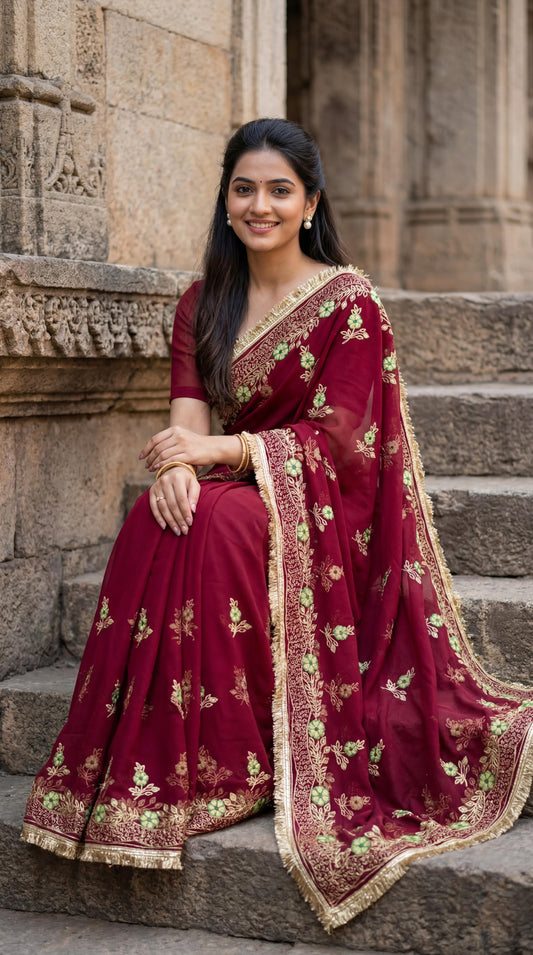 Thakurji Georgette Saree with Kasab Work | Rajwadi Traditional Designer Saree