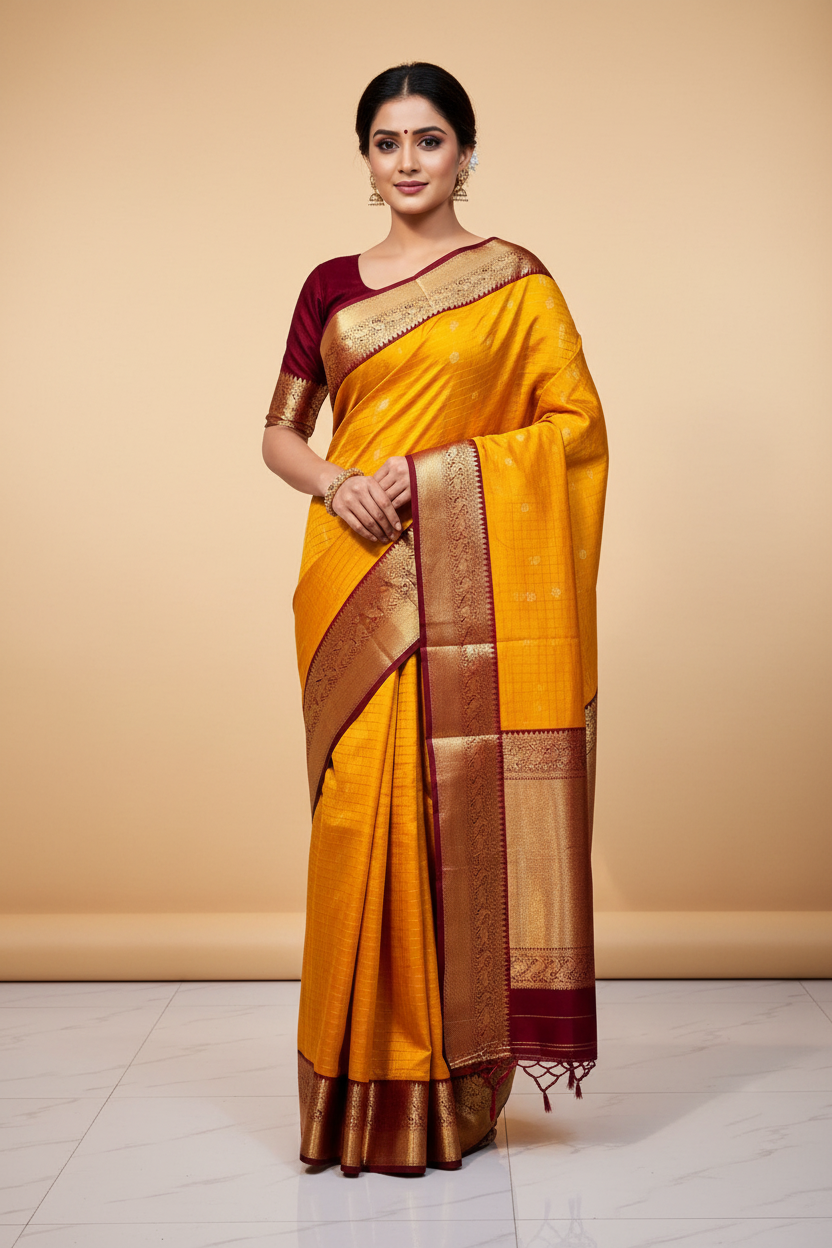 Pure Kanjivaram Silk Saree with Fancy Gap Border – Kanjipuram Silk Mark Certified