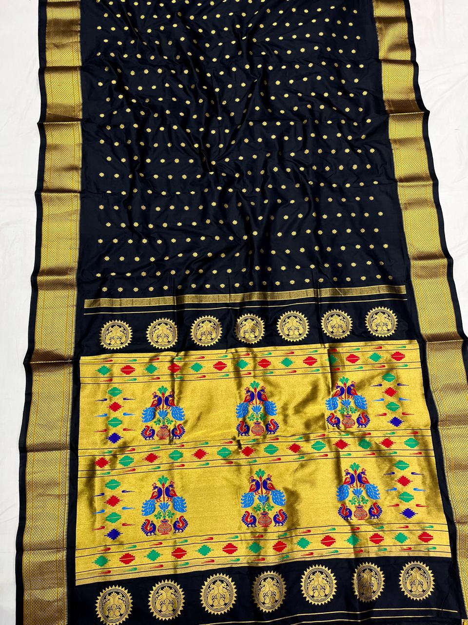 Pure Silk Handwoven Paithani Saree – Kalanjali All Over Butta with Contrast Blouse