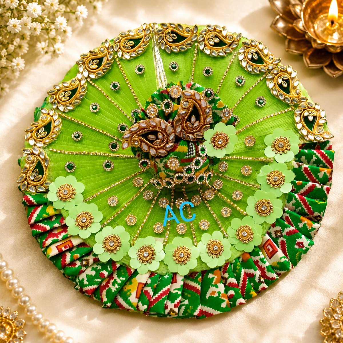 Tyohar pecial al handcrafted peacock 🦚 green heavy patola designer ladoo Gopalji Poshak with pagri 🌹