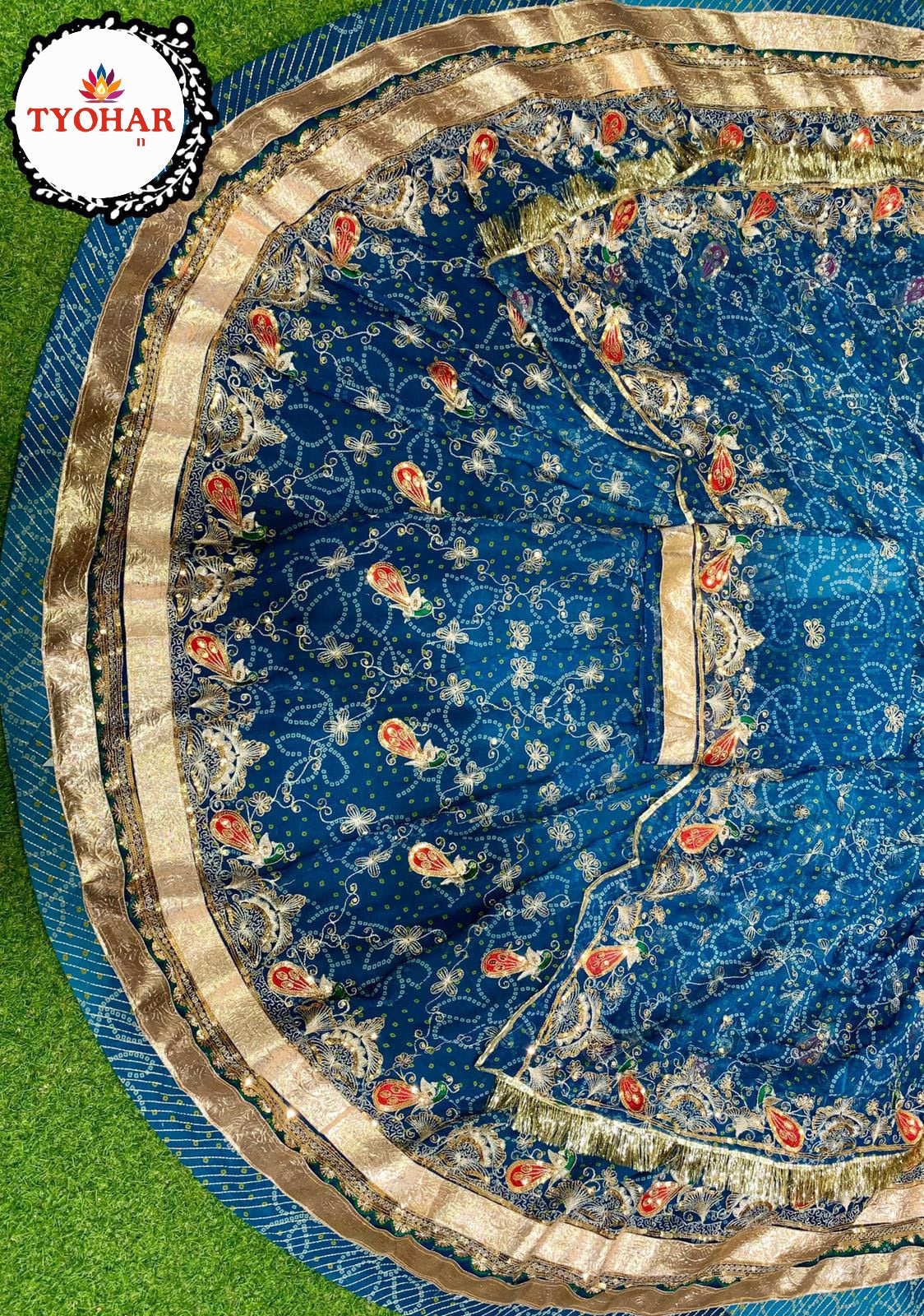 Rai Bandhej Multishaded Boutique Zari Work Poshak – Vintage Rajputi Style with Gota Patti