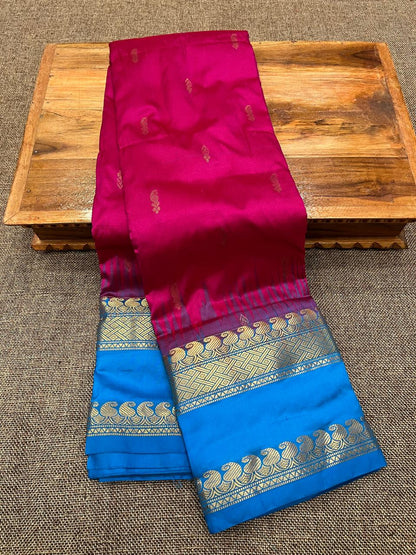 Kanjivaram Pure Silk Paithani Saree – Traditional Zari Border with Shoulder Butti & Contrast Blouse