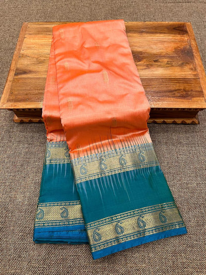 Kanjivaram Pure Silk Paithani Saree – Traditional Zari Border with Shoulder Butti & Contrast Blouse