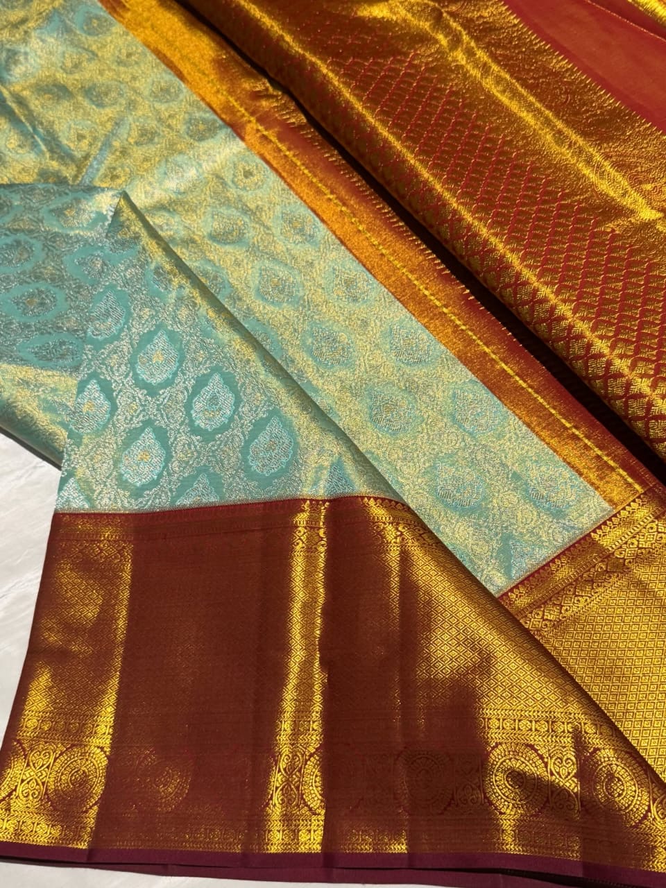 Misty Aqua Blue Pure Kanjivaram Silk Saree with Silver Gold Zari – Silk Mark Certified