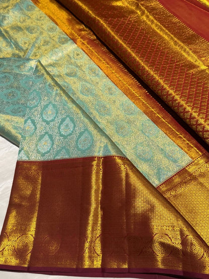 Misty Aqua Blue Pure Kanjivaram Silk Saree with Silver Gold Zari – Silk Mark Certified