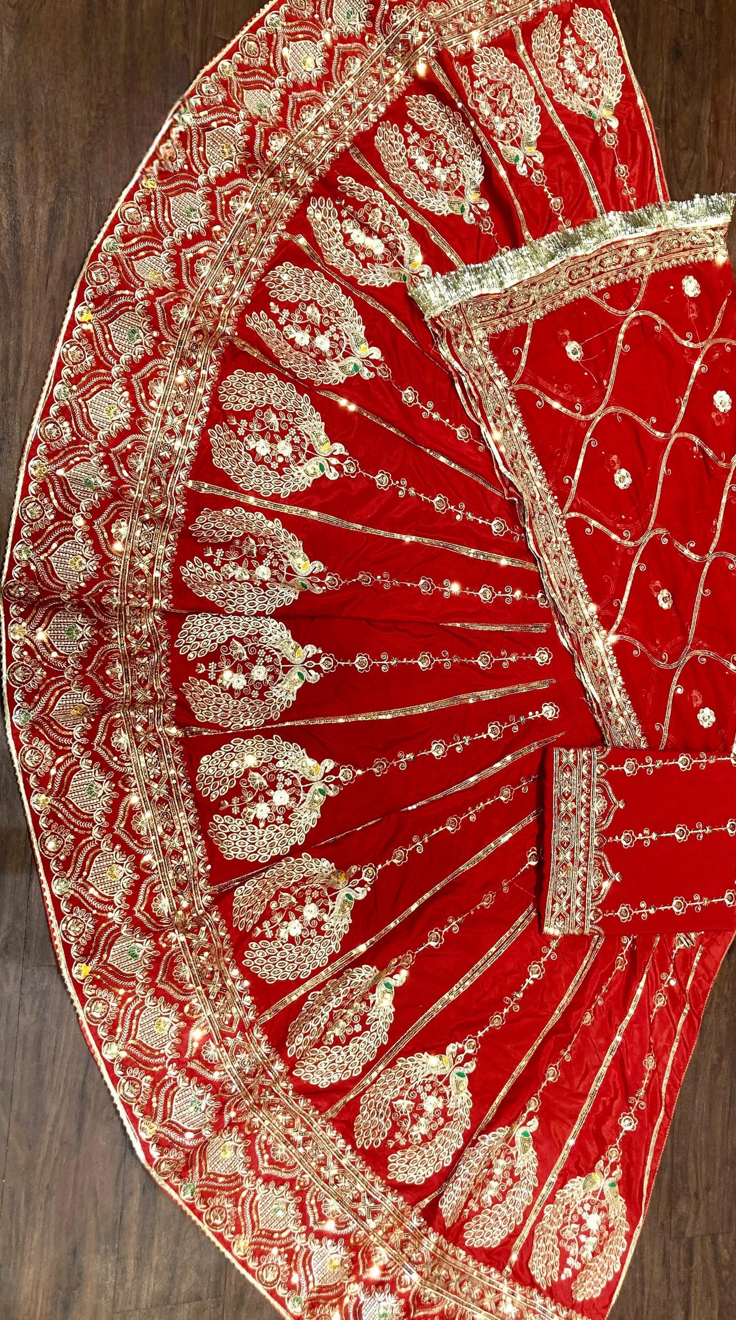 Designer 3.5 Mtr Gher Rajasthani Poshak in Crepe Silk | Heavy Zari, Kasab & Sequence Work | Unstitched Lehenga Kurti Odhani Set