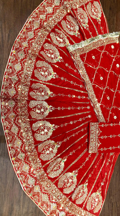Designer 3.5 Mtr Gher Rajasthani Poshak in Crepe Silk | Heavy Zari, Kasab & Sequence Work | Unstitched Lehenga Kurti Odhani Set