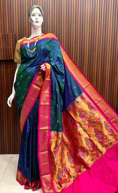 Pure Silk Handwoven Chandrakor Paithani Saree | Kadiyal Border Designer Paithani