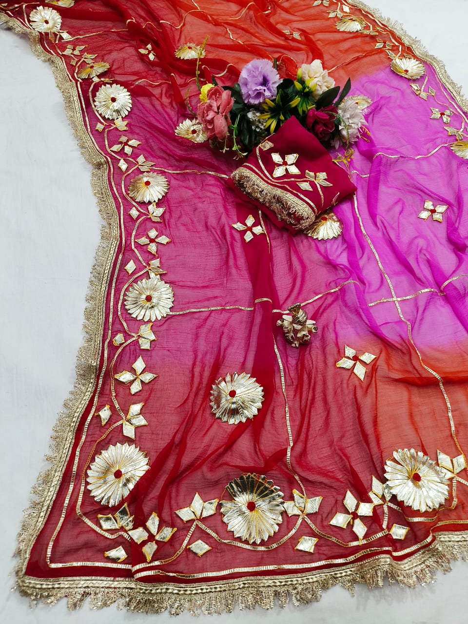 Pure Najmeen Chiffon Saree with Floral Gota Patti Work – Heavy Fancy Designer Saree