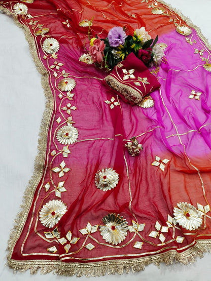 Pure Najmeen Chiffon Saree with Floral Gota Patti Work – Heavy Fancy Designer Saree