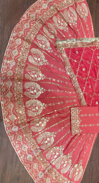 Designer 3.5 Mtr Gher Rajasthani Poshak in Crepe Silk | Heavy Zari, Kasab & Sequence Work | Unstitched Lehenga Kurti Odhani Set
