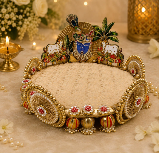 Beautiful Handcrafted Ready Singhasan for Laddu Gopal & Ganpati | 10 Inch Decorative Throne with 2 Cushions & Tilak Stick