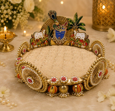 Beautiful Handcrafted Ready Singhasan for Laddu Gopal & Ganpati | 10 Inch Decorative Throne with 2 Cushions & Tilak Stick