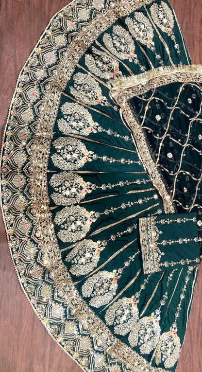 Designer 3.5 Mtr Gher Rajasthani Poshak in Crepe Silk | Heavy Zari, Kasab & Sequence Work | Unstitched Lehenga Kurti Odhani Set