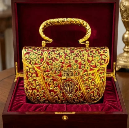 Luxury handcrafted Meenakari brass clutch bag with antique gold finish