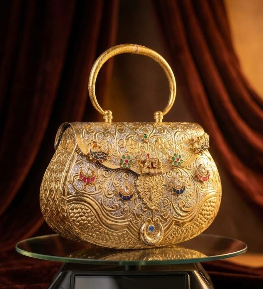 Antique gold metal clutch with intricate floral embossing, dual-tone decorative carving and colourful stone embellishments.