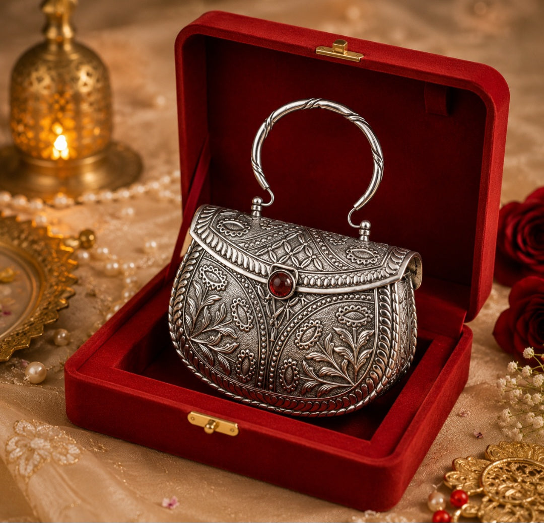 Royal antique silver clutch bag for weddings and festive occasions