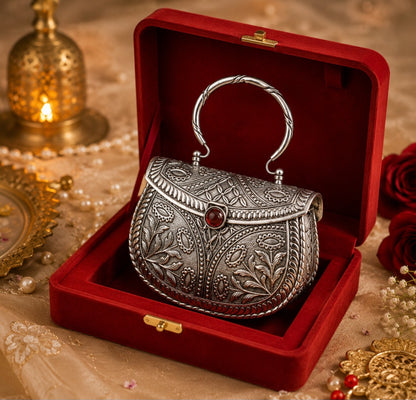 Royal antique silver clutch bag for weddings and festive occasions