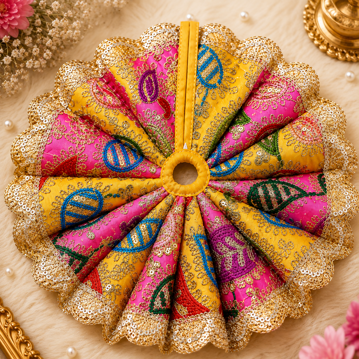 Royal Bandhani Handcrafted Designer Laddu Gopal Poshak for Kanha Ji in Pink and Yellow