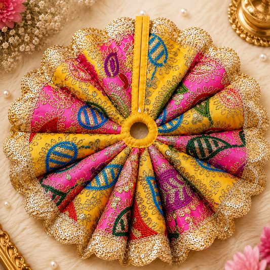 Royal Bandhani Handcrafted Designer Laddu Gopal Poshak for Kanha Ji in Pink and Yellow