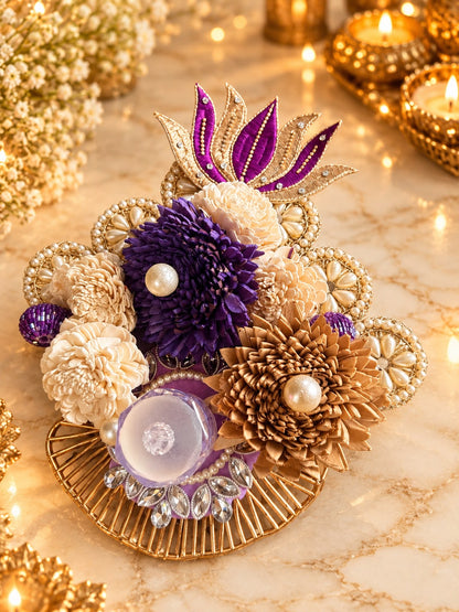 Royal Bloom purple and gold sola flower diya candle décor with pearl accents and decorative golden base for Diwali Deepavali home decoration