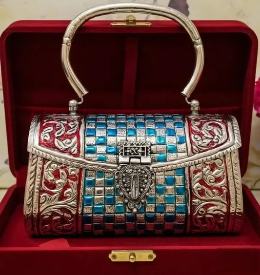 Royal blue artistic brass clutch with elegant ethnic detailing