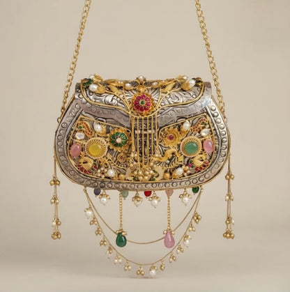 Royal brass clutch with antique silver gold double-tone Meena and Pachi Kundan work