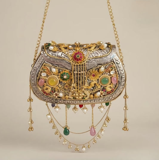 Royal brass clutch with antique silver gold double-tone Meena and Pachi Kundan work
