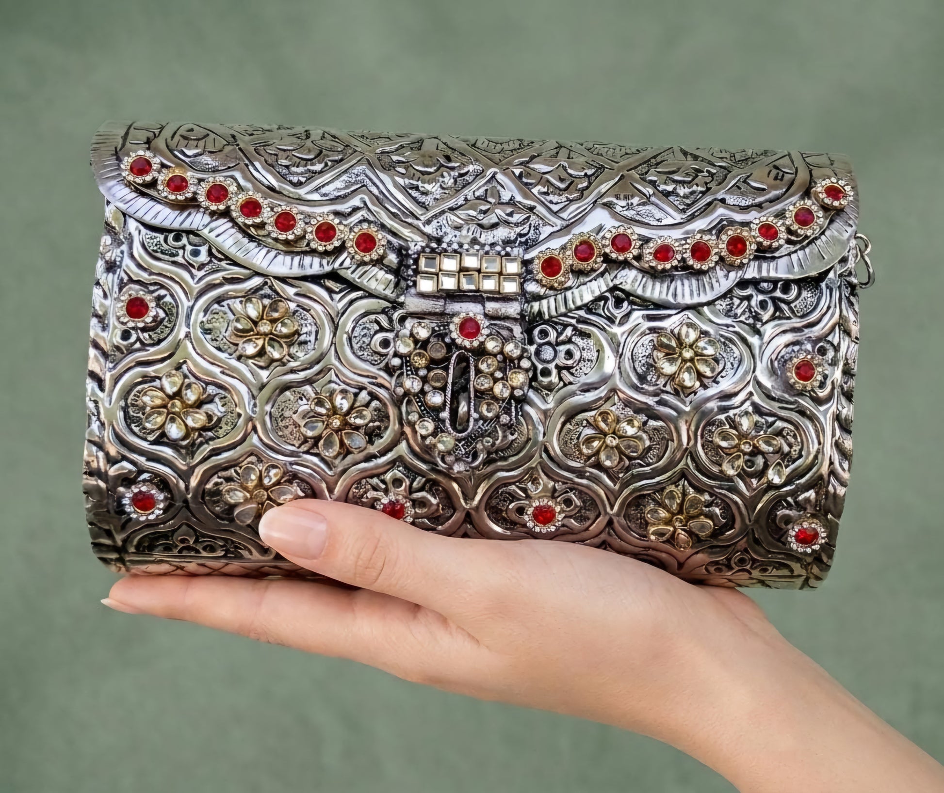 Royal brass wedding sling clutch with Red Meena and Kundan detailing