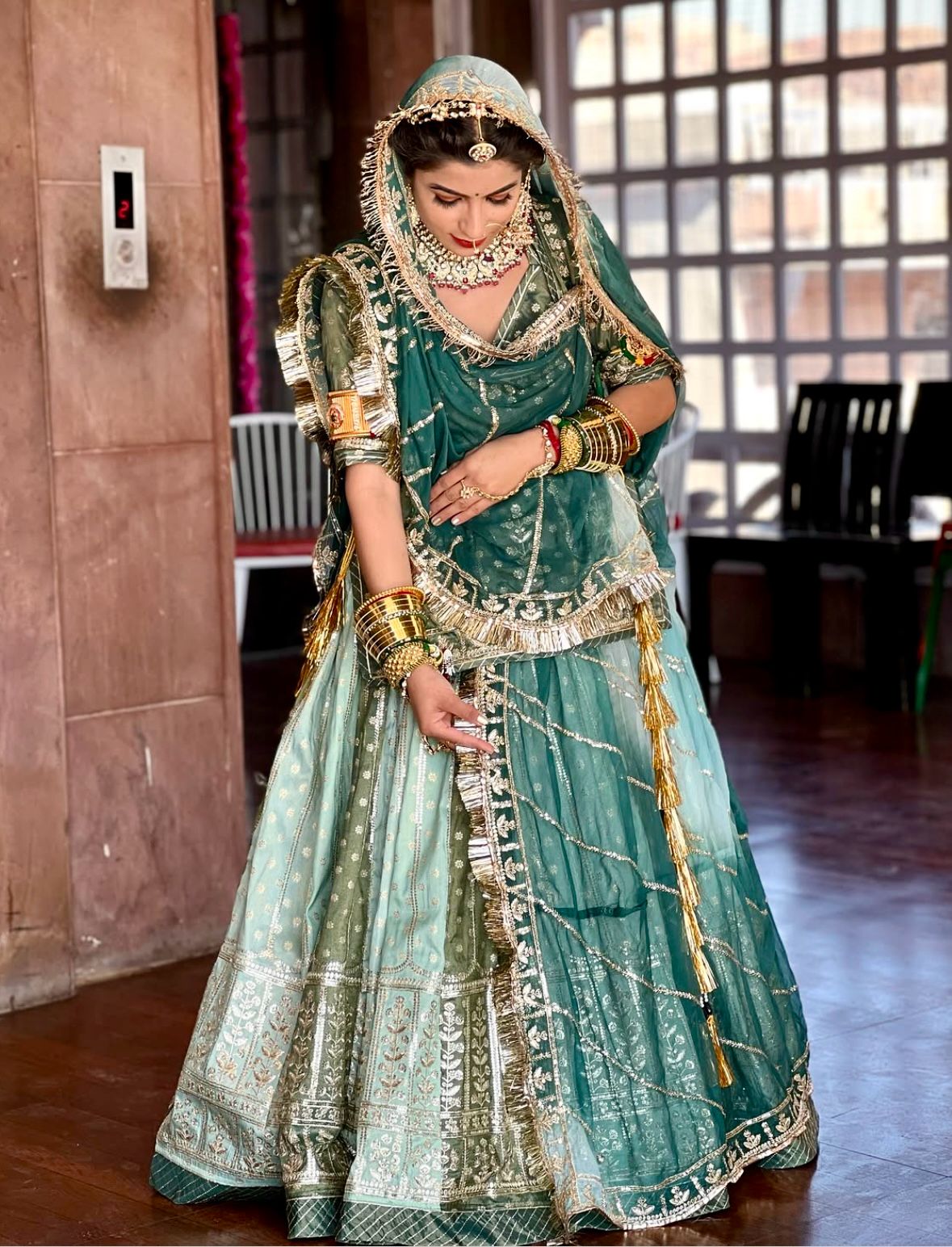 Royal elegant Rajputi partywear poshak with multicolour Banarasi lehenga