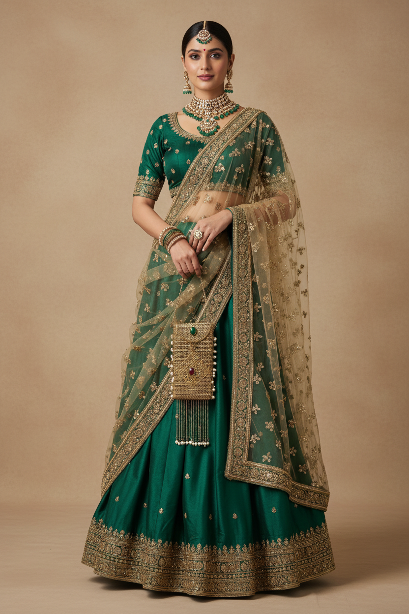 Royal emerald ethnic brass clutch for traditional Indian outfits