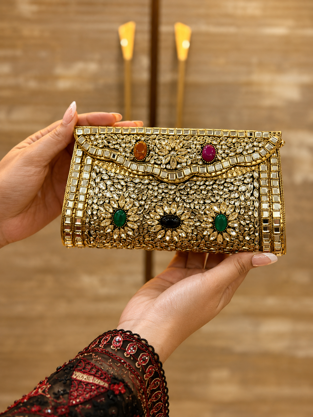 Royal emerald traditional brass clutch for ethnic occasions